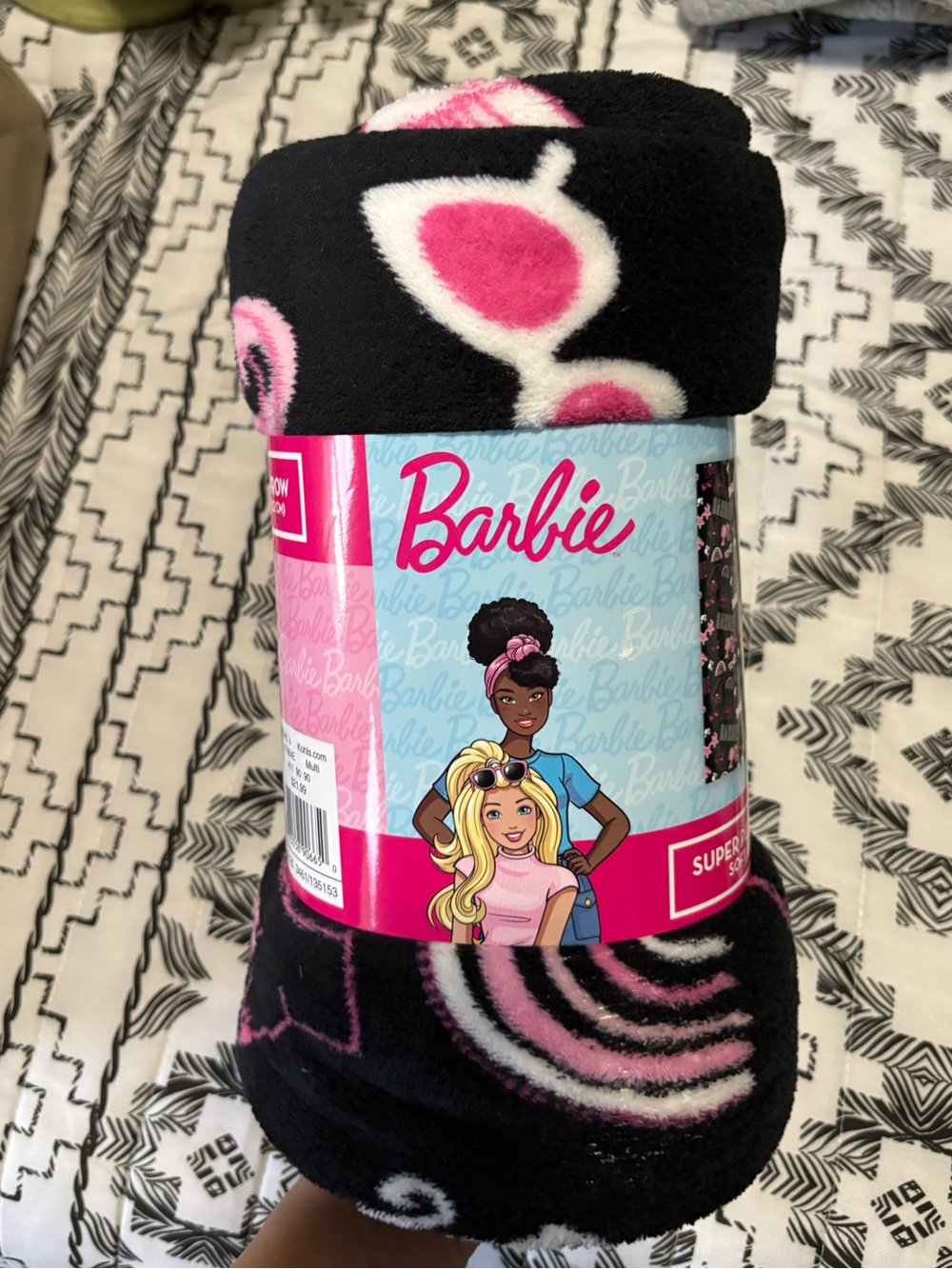 Barbie Black and Pink Plush Throw Blanket with Heart Motif